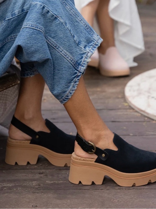 Reef Shoes - Reef Vista Luxe Solene - Black Suede Slingback Clog with Tan Chunky Sole